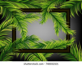 Visual drawing of summer tropical vector design for banner or flyer with dark green palm leaves and lettering, nature spring concept on black and white background for vector illustration