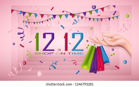 Visual drawing super sale banner design of hand young woman holding package bags and enjoys shopping in 12 date and 12.12 time on pink background concept sale of in season for vector illustration