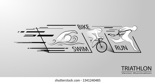 Visual drawing swimming, cycling and runner sport at fast of speed in triathlon strat to stop game, line design style by step on background for vector illustration, exercise sport concept