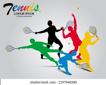 Visual drawing tennis sport movement step of front view, healthy lifestyle and sport concepts,abstract in game colorful vector illustration set 1