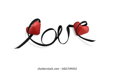 Visual drawing of text "LOVE" with black ribbon art line and paper balloon red heart, concept love caring you of copy space pink color background vector illustration