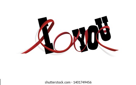 Visual drawing of text "LOVE" with black ribbon art line and paper "I YOU", concept love caring you of copy space pink color background vector illustration