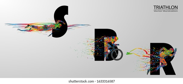 Visual drawing text of "S" swimming, "B" Bike and "R" runner sport at fast of speed in triathlon start to stop game, line design style on white background for vector illustration, logo sport concept