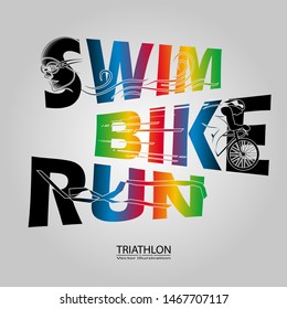 Visual drawing text of swimming, cycling and runner sport at fast of speed in triathlon strat to stop game, line design style by step on background for vector illustration, exercise sport concep