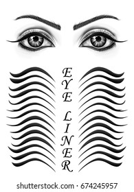 Visual drawing for types of eyeliner vector illustration stylish make up. Beauty article , Drawing of eye close-up with black and white background