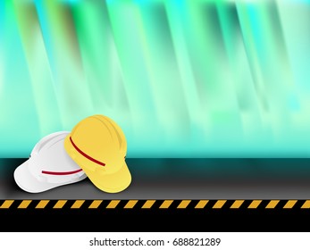 Visual drawing white and yellow hard,  safety helmet hat place on iron plate floor with color background,Health and safety concept.