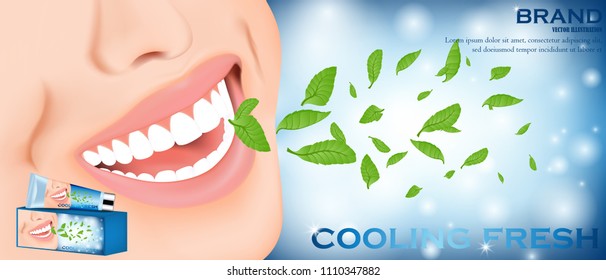 Visual drawing of whitening toothpaste ads, mint leaves flying out from a mouth with sparkling effect on sky pastel color tone background and sun light of vector illustration