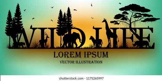 Visual Drawing Of Wild Life Text Design And Silhouette Of Animal In Africa Landscape With Wildlife And Aurora Background For Vector Illustration