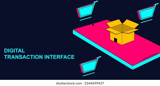 Comercio electrónico visual: Paquete y Carrito de iconos en un fondo de diseño de pantalla de teléfono inteligente moderno. Paquetes de interfaz de transacciones digitales y Carrito de compras en la pantalla del teléfono inteligente.