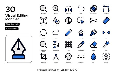 Visual Editing Filled Line Icon Set: Photo Retouching, Image Adjustments, and Design Tools Icons