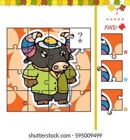 Visual educational puzzle to learn. Activity task for preschool children with bull