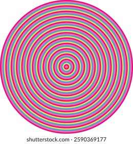 Visual effect created by neon pink, blue and green circles getting progressively smaller