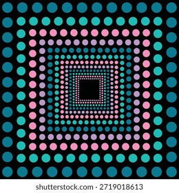 Visueller Effekt, der durch Quadrate von neonrosa, violetten, jade- und teengrünen Kreisen auf schwarzem Hintergrund erzeugt wird und zunehmend kleiner wird