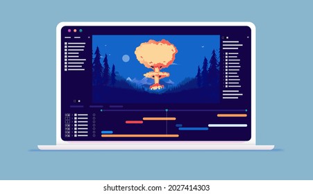 Visual effects and motion design software on computer screen - Film production and editing on laptop with explosion. Vector illustration.