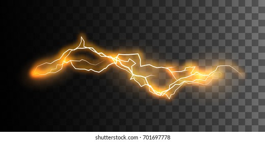 Visual electricity effect. Glowing powerful energy discharge isolated on checkered transparent background. Lightning. Vector illustration