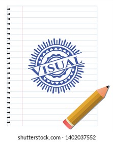 Visual emblem with pen effect. Blue ink. Vector Illustration. Detailed.