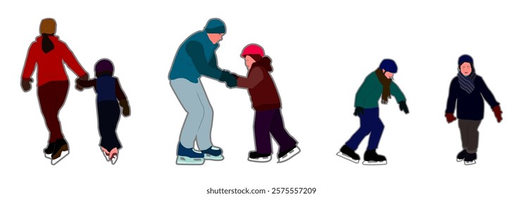 A visual and engaging set of ice skating learning process illustrations. This set is suitable for sports applications, ice skating course websites, educational materials, or promotional media.