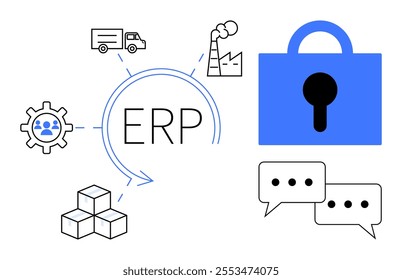 A visual with ERP at the center, surrounded by icons representing logistics, manufacturing, communication, storage, and security. Ideal for business management software, supply chain, operational