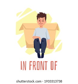 Visual explanation of in front of preposition of place with character of boy sitting in front of box, flat vector illustration isolated on white background.