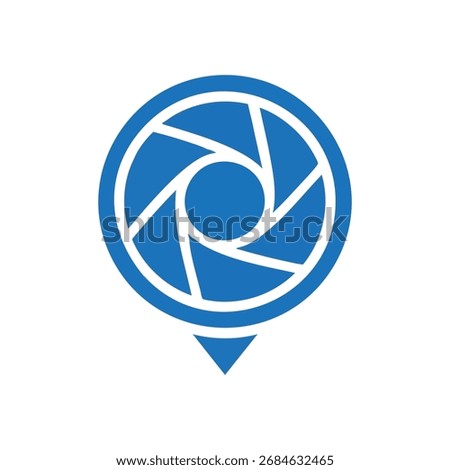 Visual Focus Location Pin. Modern graphic of a deep blue camera lens diaphragm and map marker, denoting a precise spot for image capture or a creative destination.