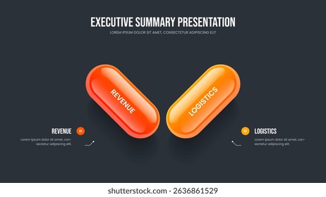 Visual Forecast Two Step Infographic Slide Layout. Product Launch 2 Option Diagram Presentation Template. Corporate Overview Frame Design Vector Illustration.