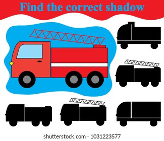 Visual game for children. Find the correct shadow of fire engine (transport).