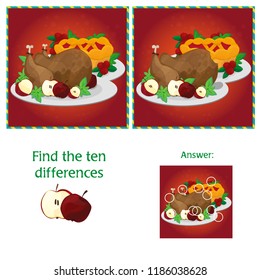 Visual Game for children. Task - find 10 differences - turkey and pie for Thanksgiving