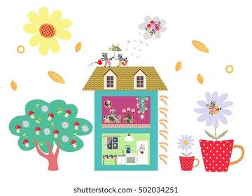 Visual game for children. What is wrong? Vector illustration with cute cartoon raccoons, house and tree.