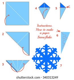 Visual game. diy made of craft. Instructions how to make paper snowflake. Tutorial Christmas snowflake step by step. Vector origami snowflake. Educational game for kids