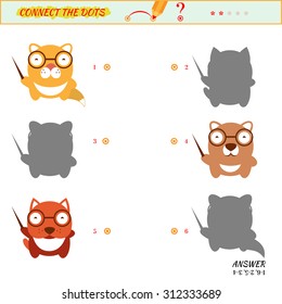 Visual game for kid. Matching applications game. Connect the dots picture. Puzzle, maze, jigsaw, quiz, rebus, game for preschool child. Cartoon cat, dog, bear, 