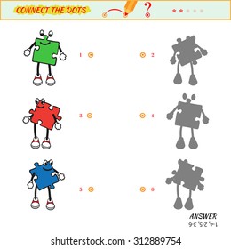 Visual game for kid. Matching applications game. Connect the dots picture. Puzzle, maze, jigsaw, quiz, rebus, game for preschool child. Cartoon baby character