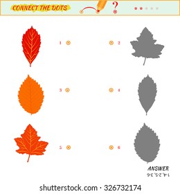 Visual game for kid. Matching applications game. Connect the dots picture. Puzzle, maze, jigsaw, quiz, rebus, game for preschool child. Cartoon leaves
