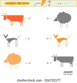 Visual game for kid. Matching applications game. Connect the dots picture. Puzzle, maze, jigsaw, quiz, rebus, game for preschool child. Cartoon sheep, cat, cow