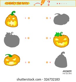 Visual game for kid. Matching applications game. Connect the dots picture. Puzzle, maze, jigsaw, quiz, rebus, game for preschool child. Cartoon jack-o- lantern