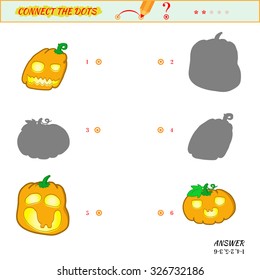 Visual game for kid. Matching applications game. Connect the dots picture. Puzzle, maze, jigsaw, quiz, rebus, game for preschool child. Cartoon jack-o- lantern