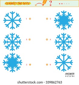 Visual game for kid. Matching applications game. Connect the dots picture. Puzzle, maze, jigsaw, quiz, rebus, game for preschool child. Cartoon snowflakes