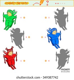 Visual game for kid. Matching applications game. Connect the dots picture. Puzzle, maze, jigsaw, quiz, rebus, game for preschool child. Cartoon skier