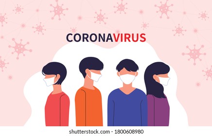 Visual graphics of coronavirus infection pathways and people wearing masks. Wuhan pneumonia pandemic.