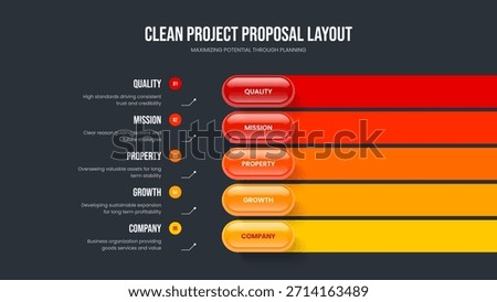 Visual Growth 5 Step Infographic Presentation Template. Digital Forecast Five Element Diagram Slide Design. Enterprise Development Slideshow Layout Vector Illustration.