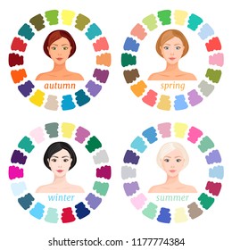 Visual guide for color matching for different color types. Seasonal color types of female appearance: summer, autumn, winter, spring. Vector.