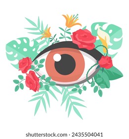 Visual health care, ophthalmology. Human eye with rose flowers branch and green plants, vision correction and healthcare, organ of sight with summer floral decoration cartoon vector illustration