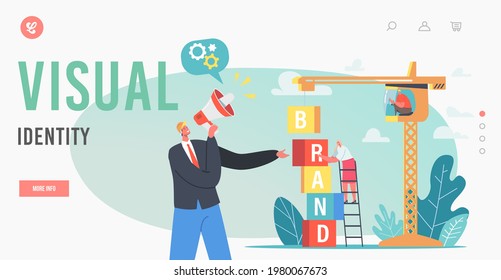 Visual Identity Landing Page Template. Businesspeople Characters Work on Crane Build Tower of Cubes. Marketing and Promotional Campaign, Brand Awareness Building. Cartoon People Vector Illustration