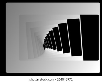 Visual illusion in the form of back stairs in a white room, leading into the distance.