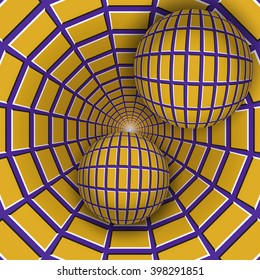 Visual illusion illustration. Two balls are moving on rotating purple funnel with yellow quadrangles. Abstract fantasy in a surreal style.