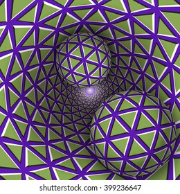 Visual illusion illustration. Two balls are moving on rotating purple funnel with green triangles. Abstract fantasy in a surreal style.