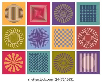 Visual illusion and optical geometric shapes with motion and texture effect. Vector set of contemporary arts and trendy graphics with color and wavy forms. Modernish placards or decoration