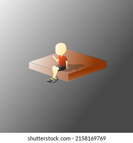 visual illustration of a child sitting on a block, isolated on a black background with a shadow
