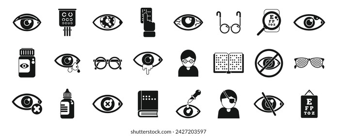 Visual impairment icons set simple vector. Blind braille guide. Reading person cane