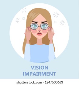Visual impairment as a symptom of disease. Eye vision problem. Difficulty on focusing. Isolated flat vector illustration
