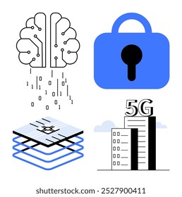 O visual inclui um labirinto semelhante ao cérebro, uma fechadura azul, um circuito em camadas e edifícios marcados com 5G. Ideal para tecnologia, inteligência artificial, segurança de dados, comunicação digital e cidade inteligente